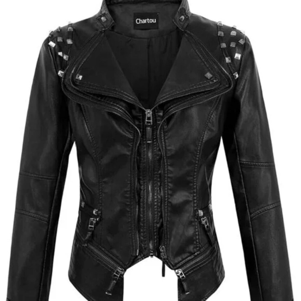 Moto Studded Lapel Front Zip Vegan Leather Biker Jacket
